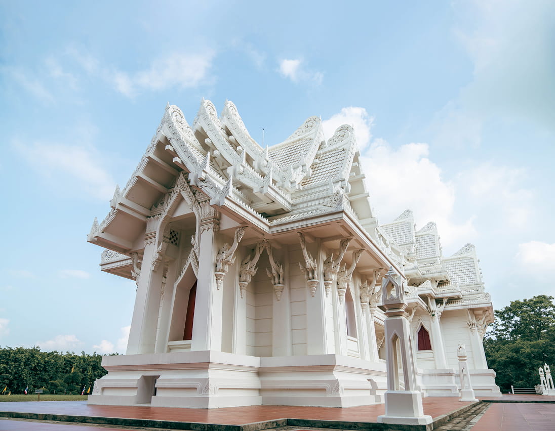 Ornate white Thai-style temple in Lumbini's Monastic Zone